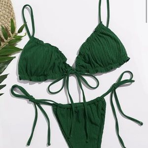 Shein Women’s Green Rib Frill Trim Side Bikini Swimsuit XL